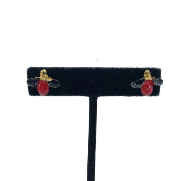 Enamel Black and Red Bug Earrings, Lady Bug Stud - Picture 1 of 6